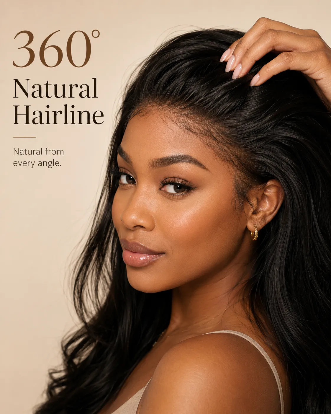 Woman with styled hair, promotional text for '360° Natural Hairline' product.