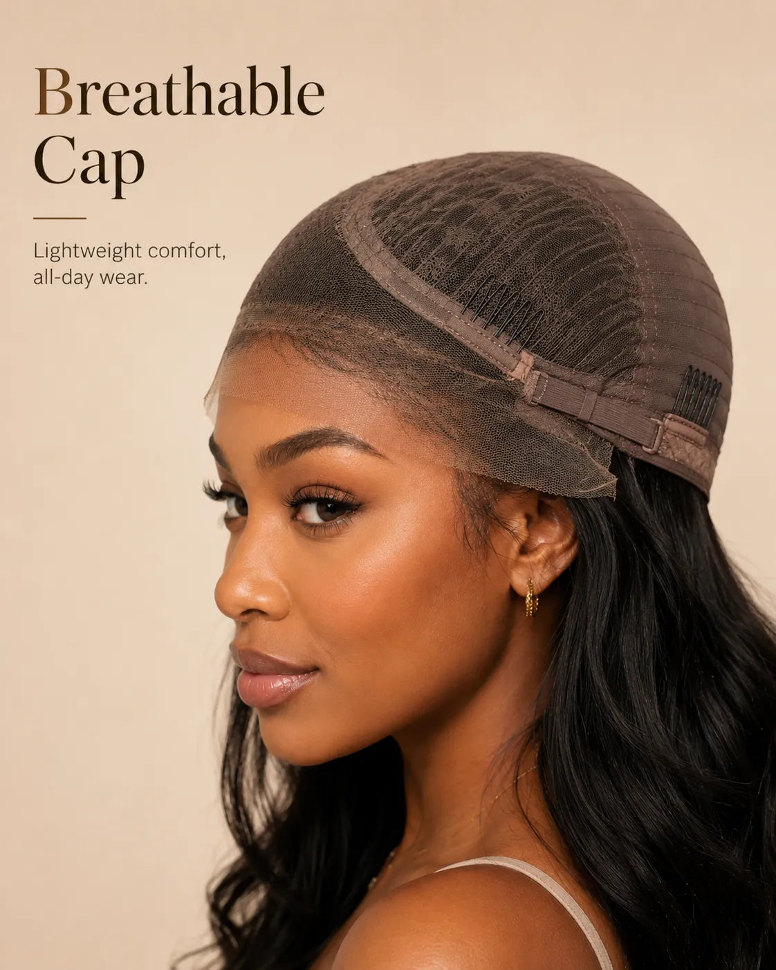 Woman wearing a breathable cap with text on a beige background
