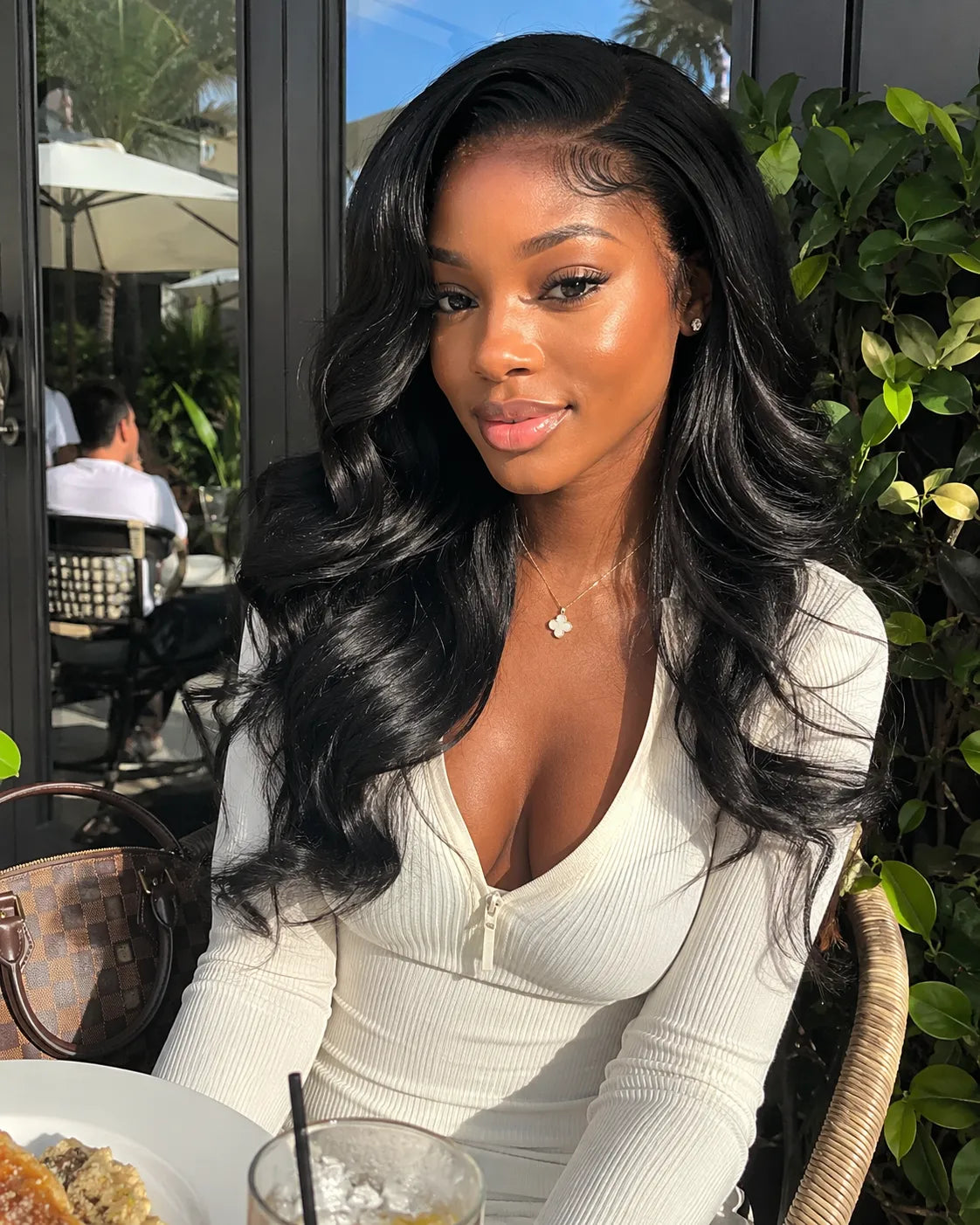 Product detail view of body wave human hair wig with soft texture and natural finish
