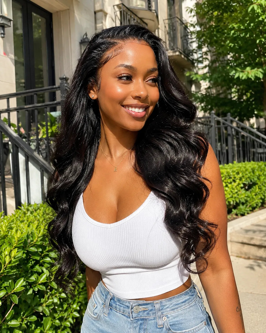 Side view of body wave lace wig showing natural hairline with soft texture and natural finish