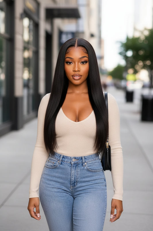 Woman with long straight hair wearing a beige top and blue jeans on a city street.