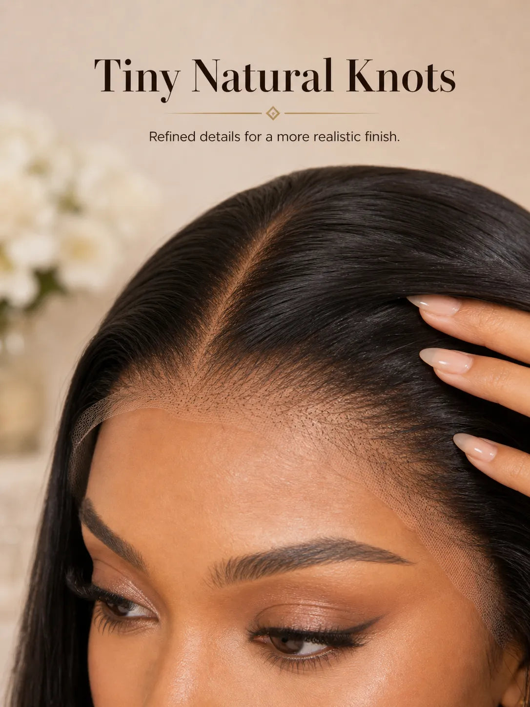 Detail view of lace front and natural hairline with soft texture and natural finish