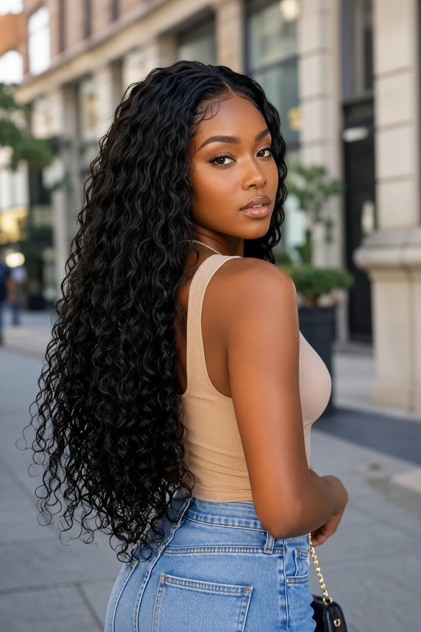 Woman with long, wavy hair wearing a beige top and blue jeans on a city street.