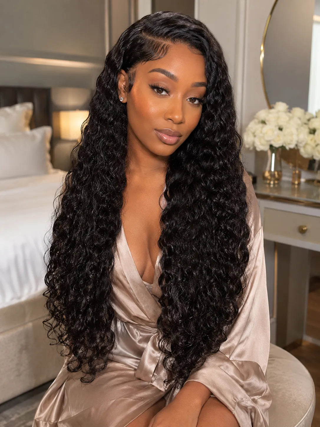 Woman with long, curly hair sitting in a bedroom setting.