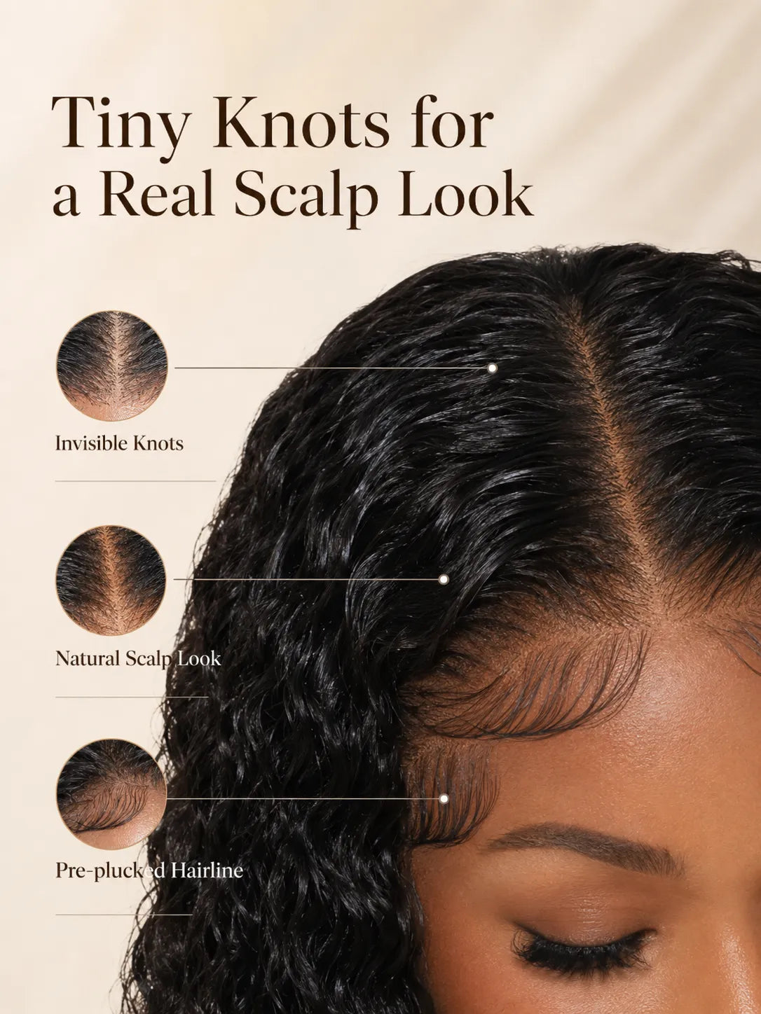 Product detail view of water wave human hair wig with soft texture and natural finish