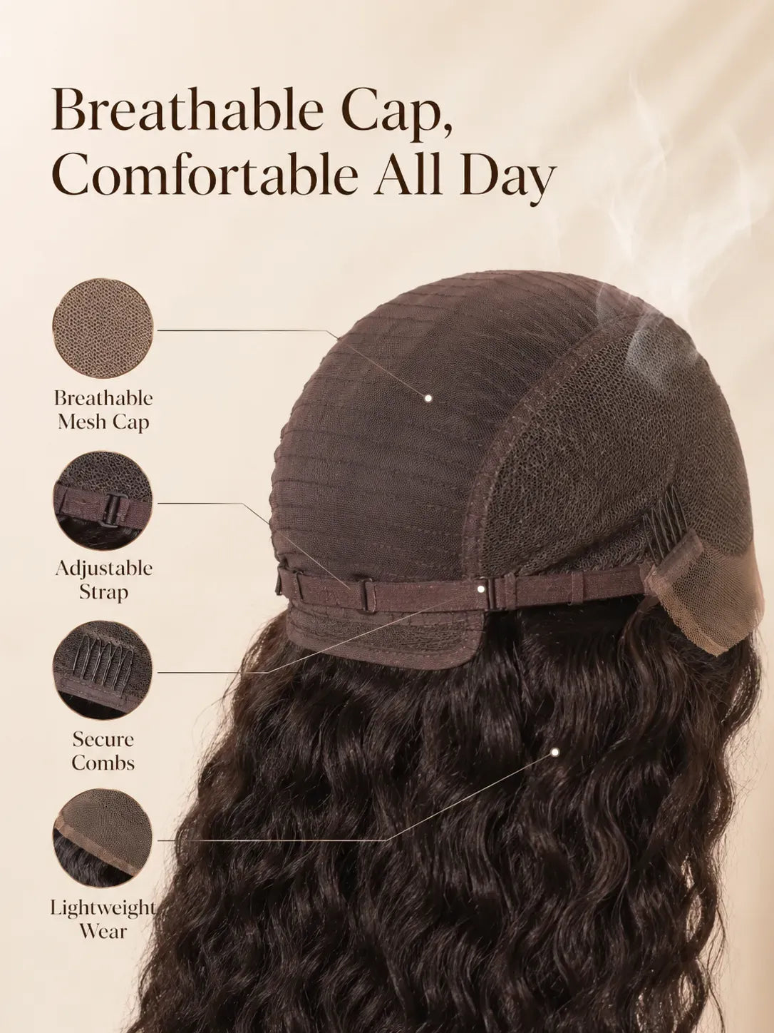 Product detail view of water wave human hair wig with soft texture and natural finish