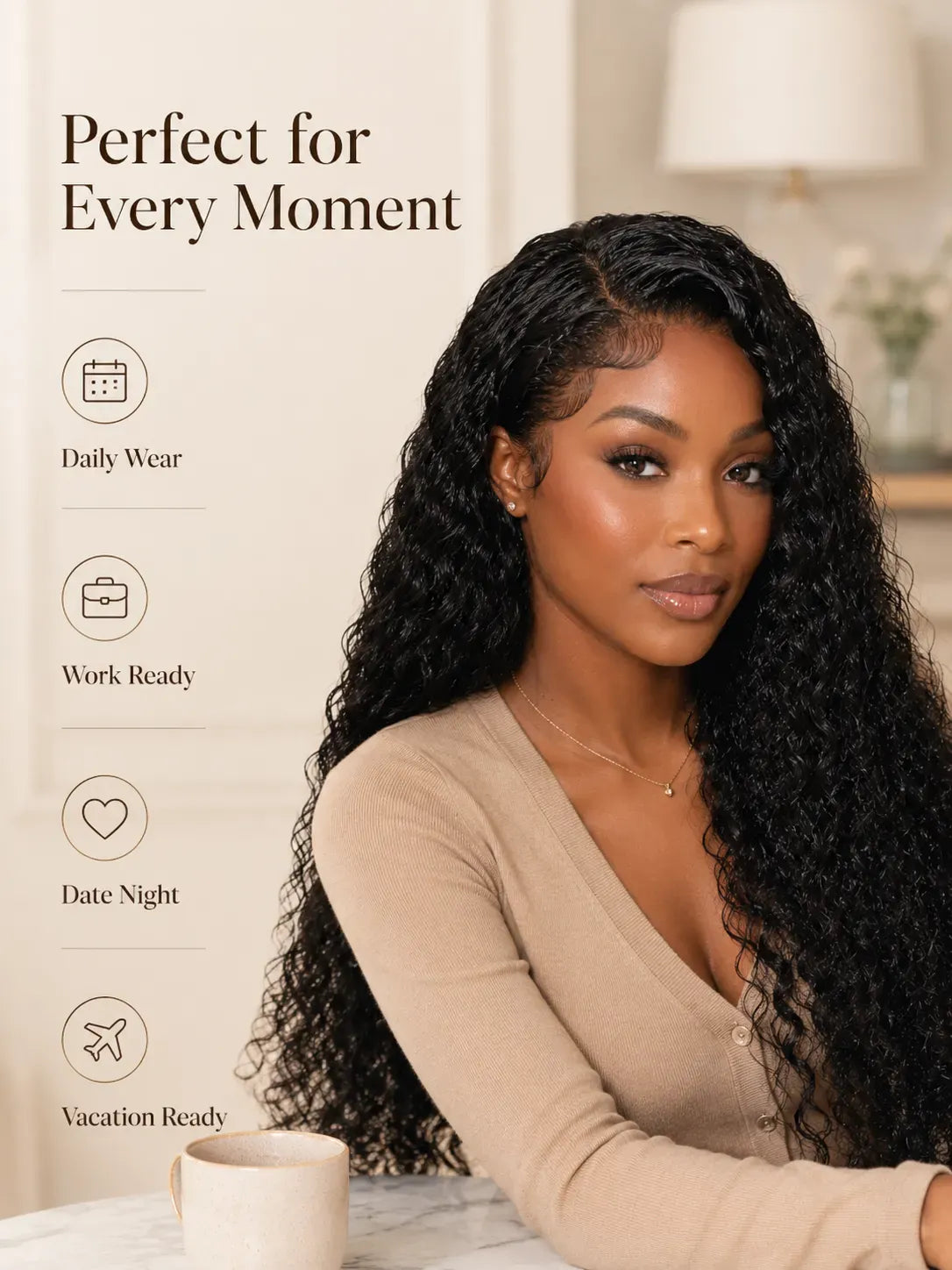 Product detail view of water wave human hair wig with soft texture and natural finish