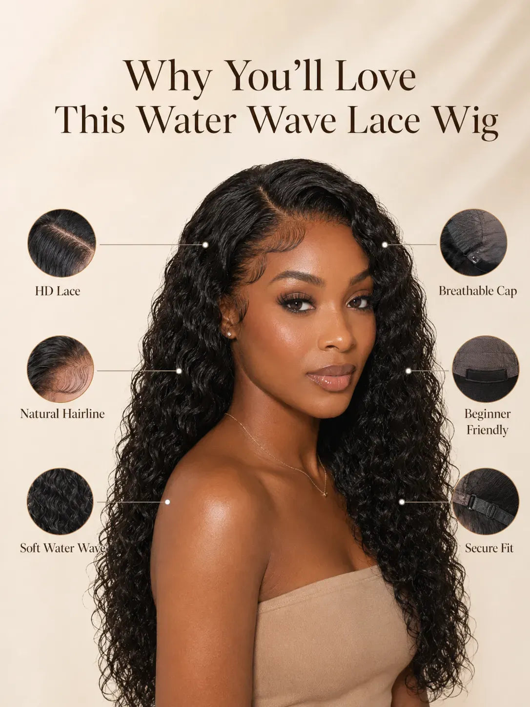 Product detail view of water wave human hair wig with soft texture and natural finish