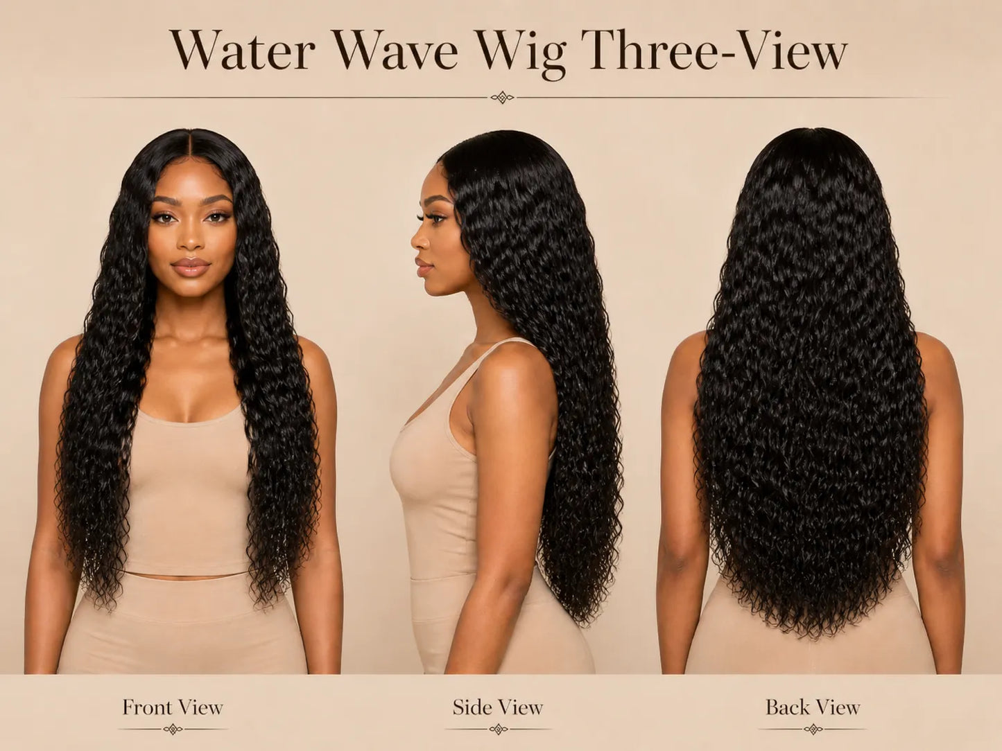 Product detail view of water wave human hair wig with soft texture and natural finish