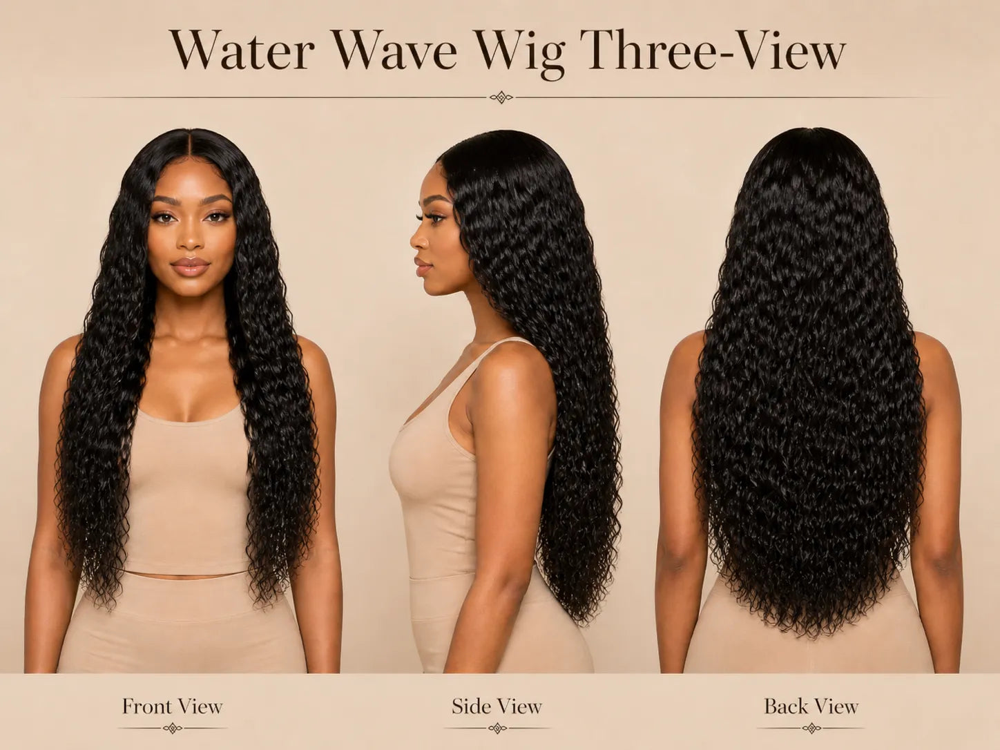 Product detail view of water wave human hair wig with soft texture and natural finish