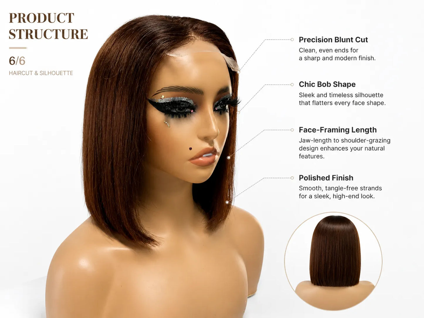 Product detail view of brown straight human hair wig with soft texture and natural finish