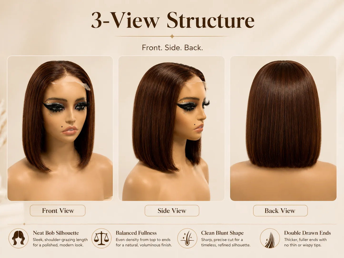 Detail view of glueless wig cap and lace construction with soft texture and natural finish