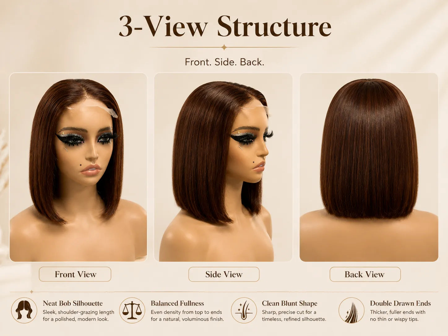 Detail view of glueless wig cap and lace construction with soft texture and natural finish