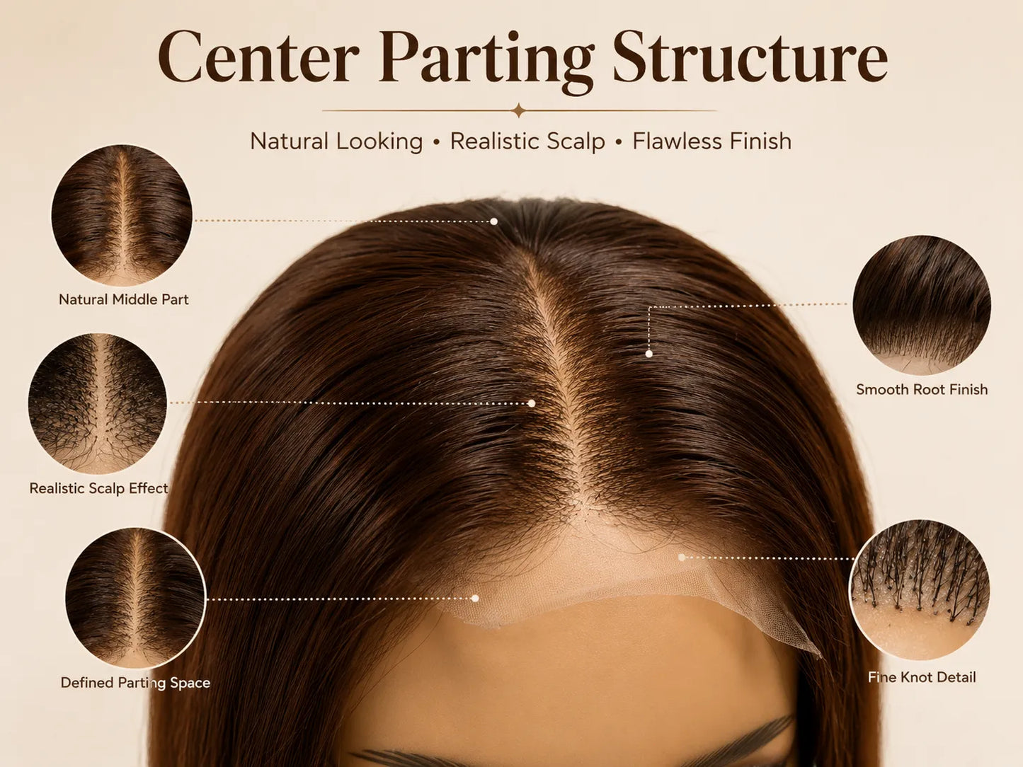 Close-up view of straight hair texture with soft natural finish with soft texture and natural finish