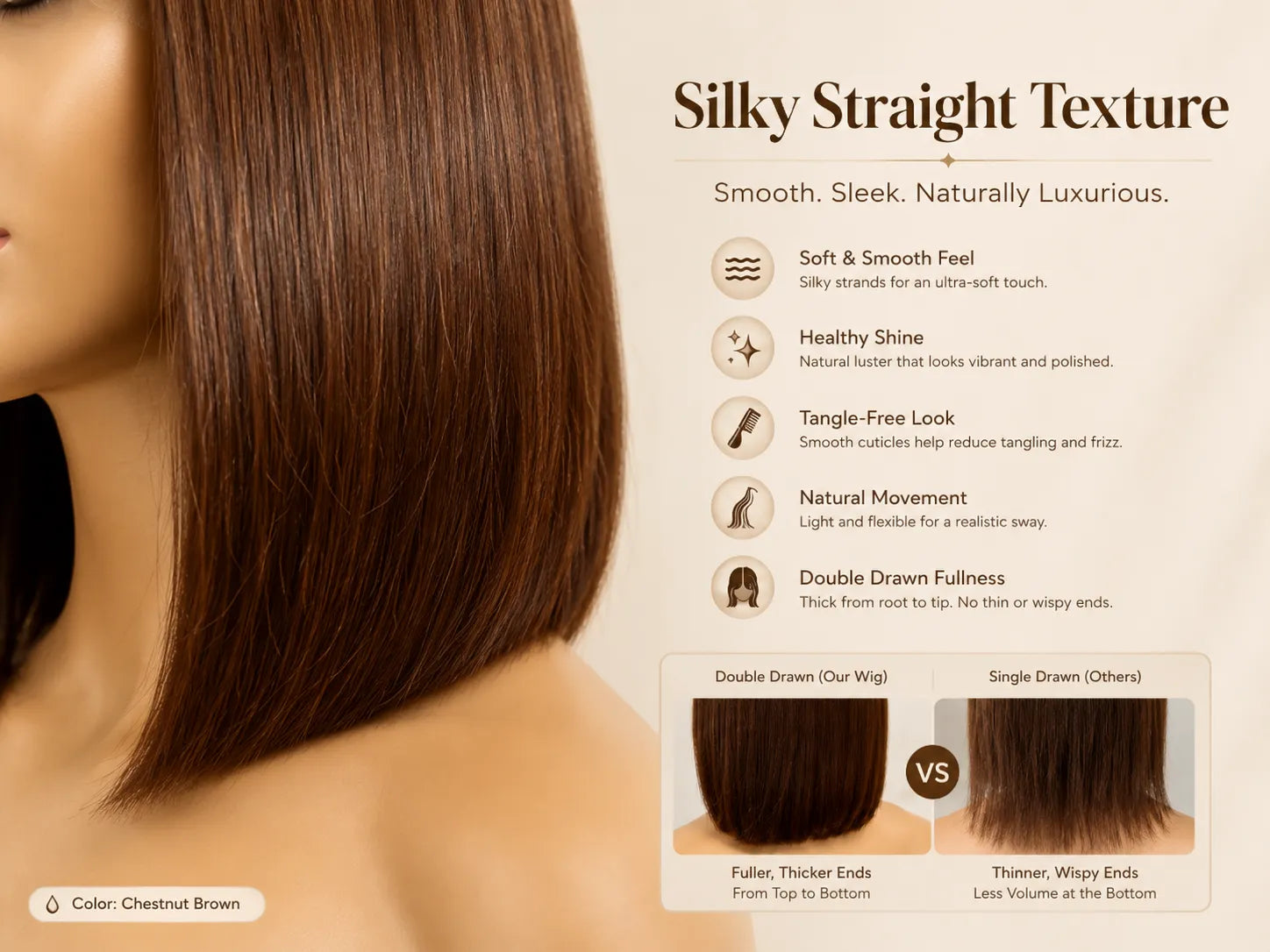 Lifestyle view of model wearing brown straight human hair wig with soft texture and natural finish