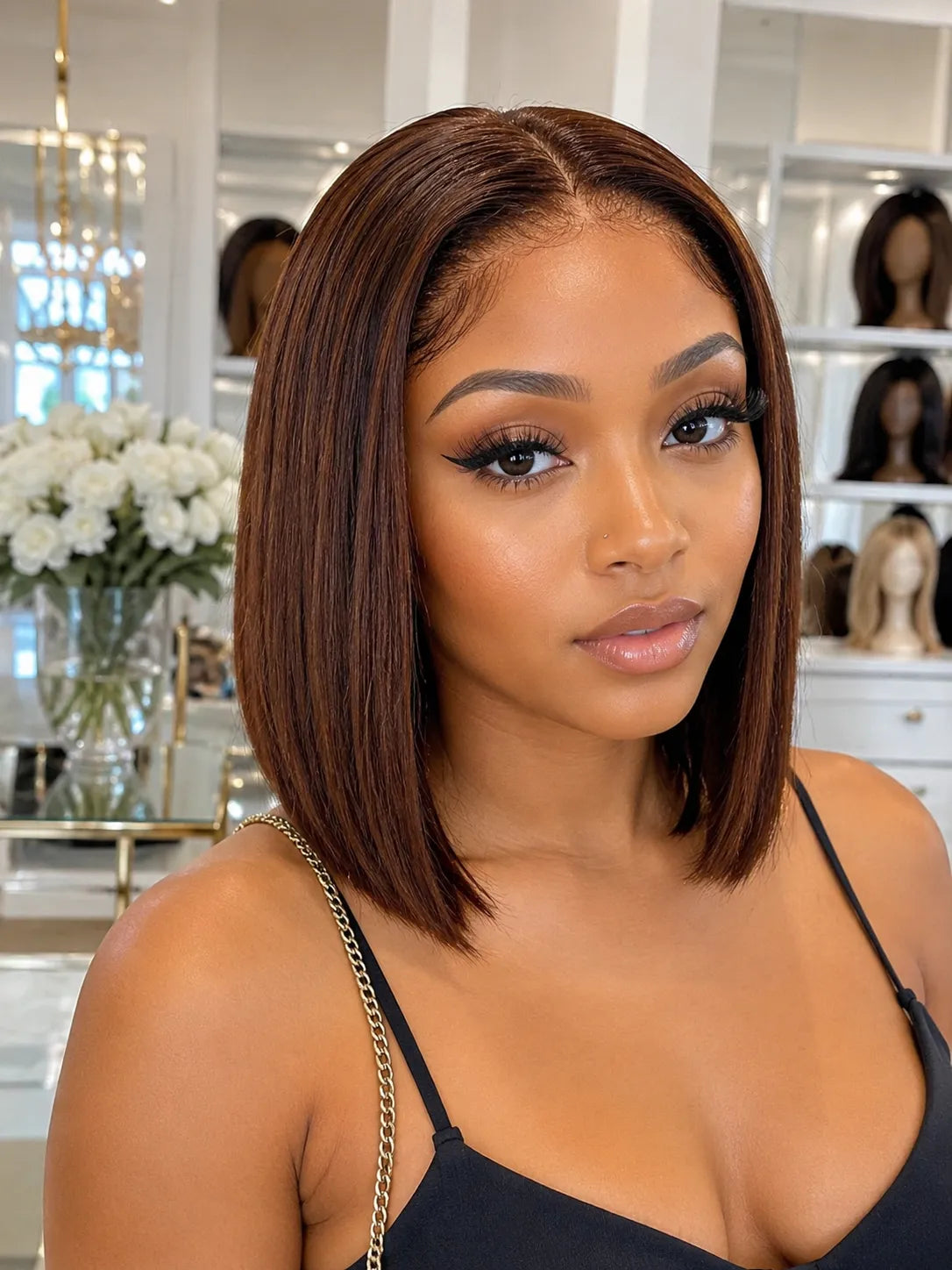Close-up view of brown straight human hair wig texture and lace detail