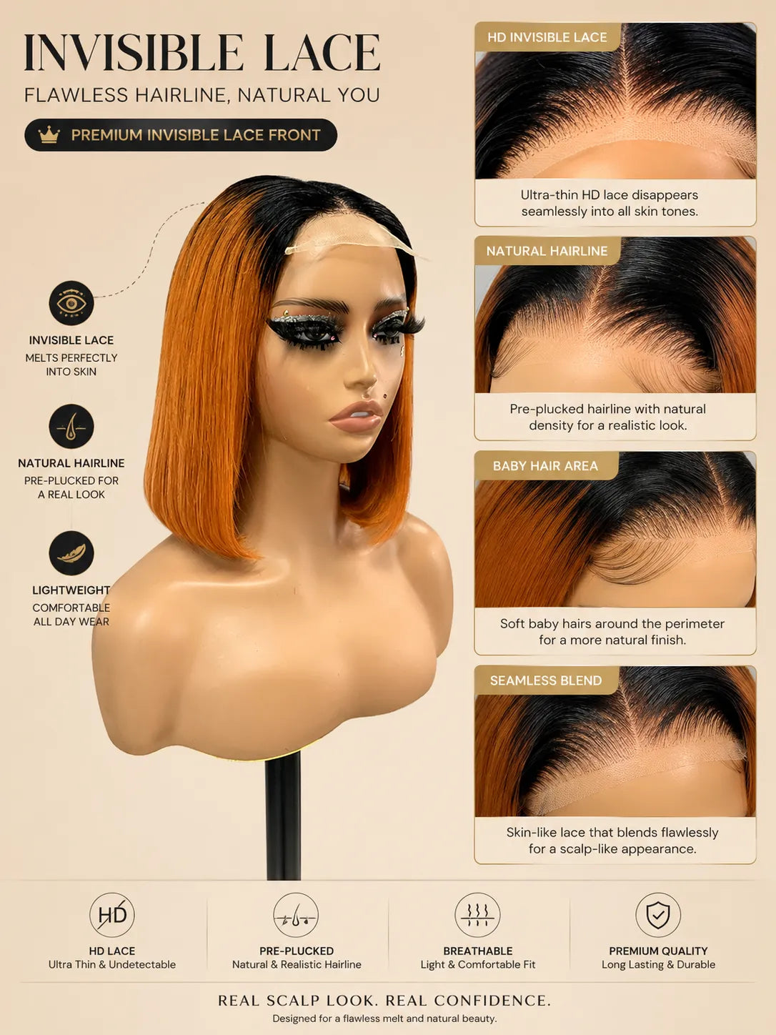 Lifestyle view of model wearing straight human hair wig with soft texture and natural finish