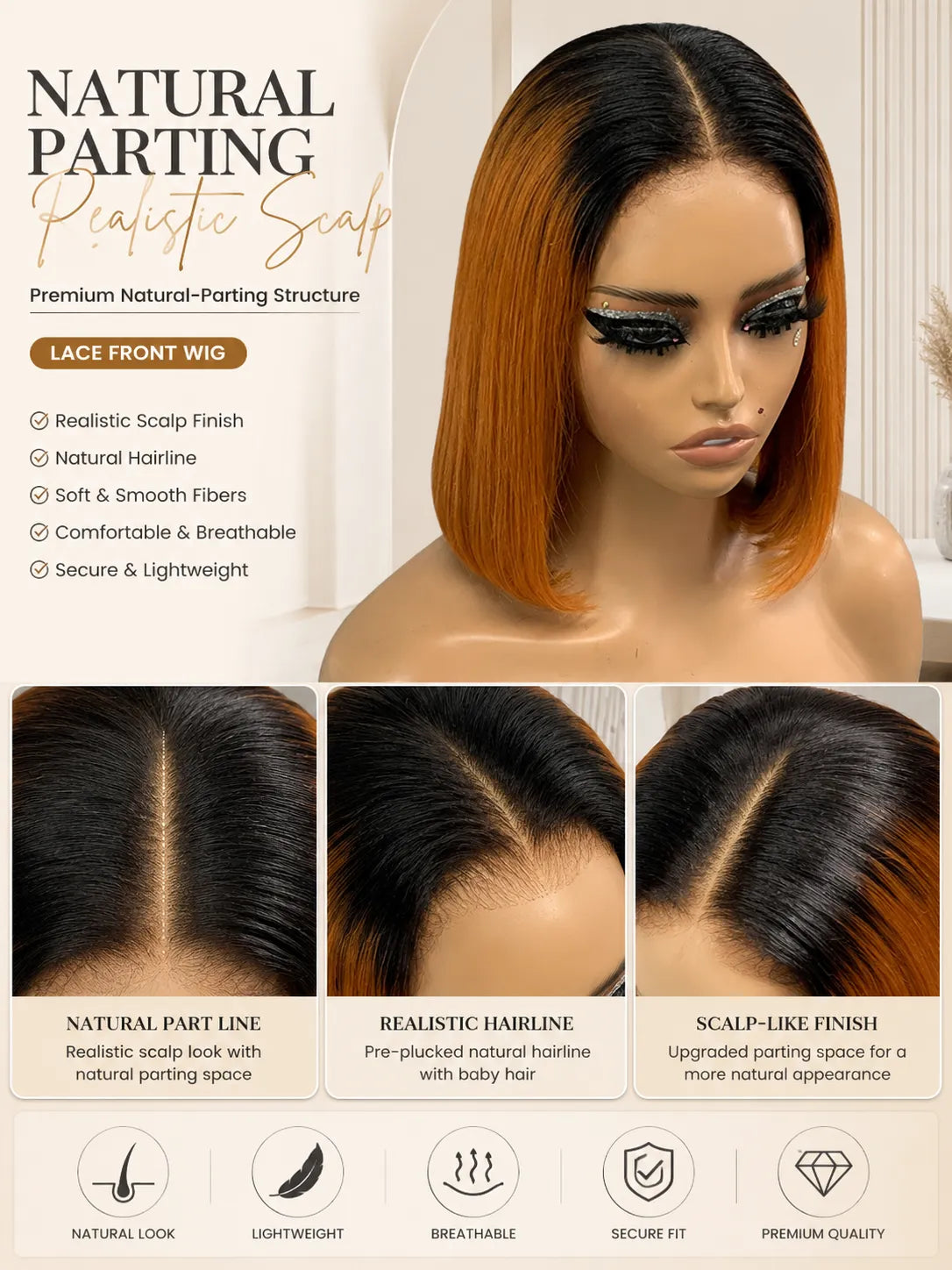 Close-up view of straight human hair wig texture and lace detail with soft texture and natural finish