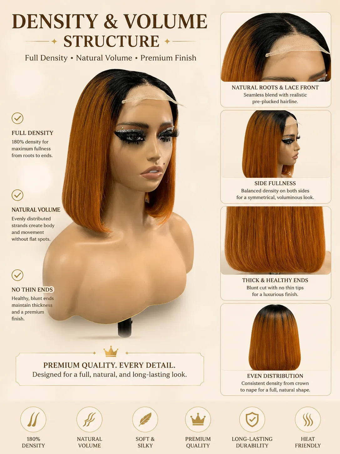 Detail view of lace front and natural hairline with soft texture and natural finish