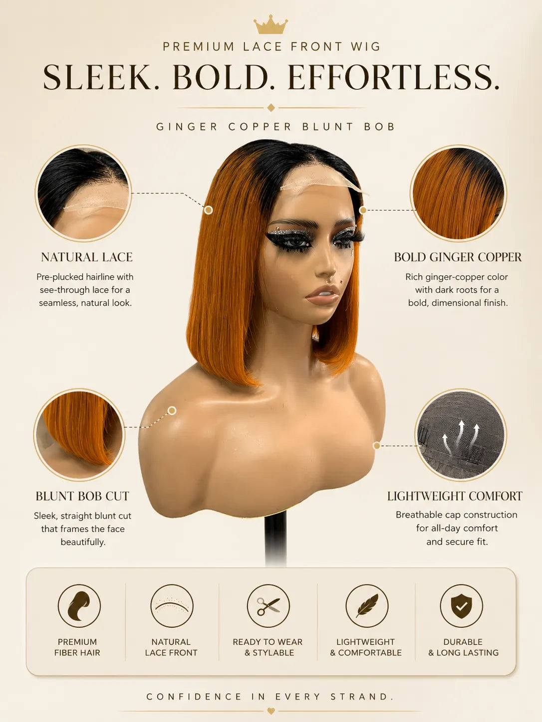 Detail view of glueless wig cap and lace construction with soft texture and natural finish