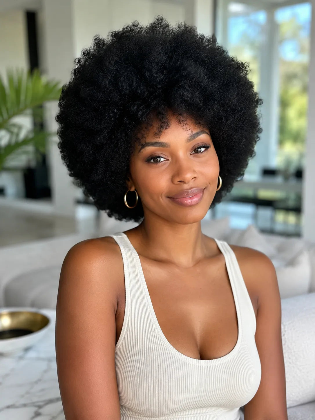 Front view of human hair wig on model with soft texture and natural finish