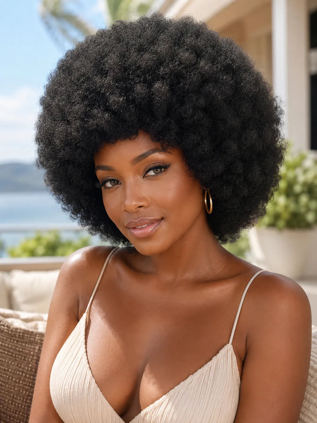 Front view of natural black human hair wig on model with soft texture and natural finish