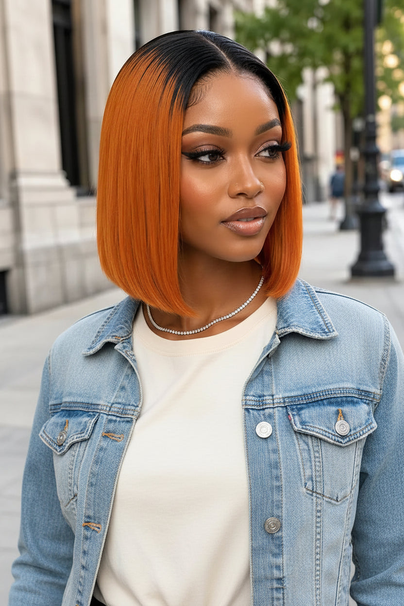 Front view of straight lace front human hair wig on model with soft texture and natural finish