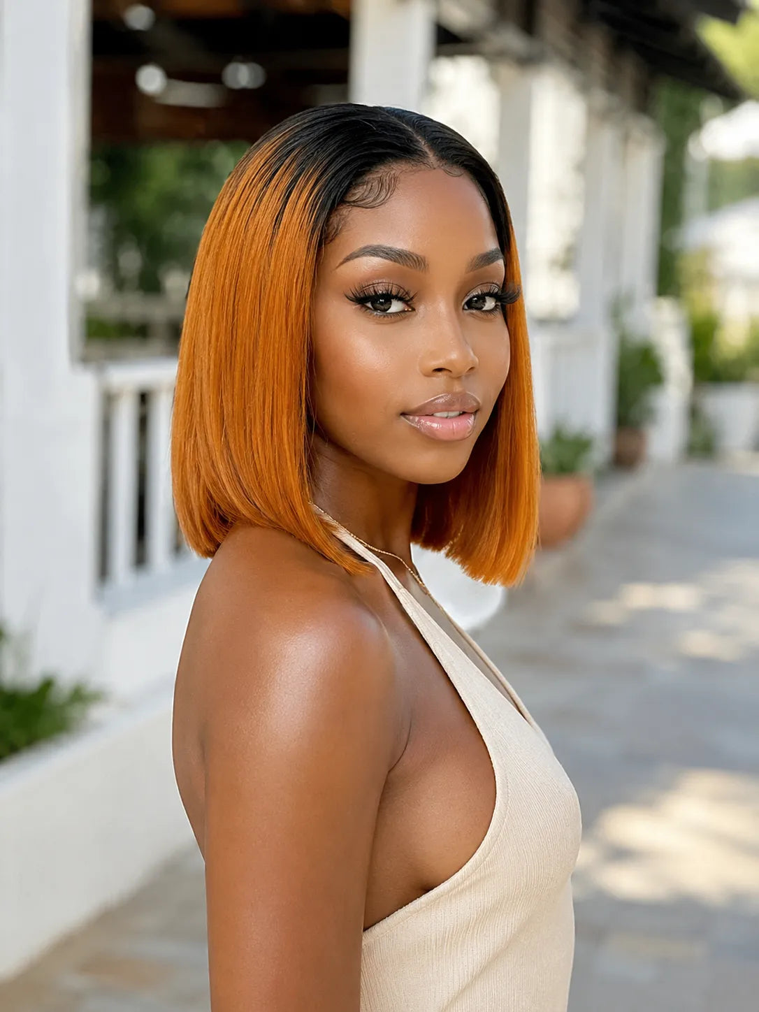 Back view of straight human hair wig with natural volume with soft texture and natural finish