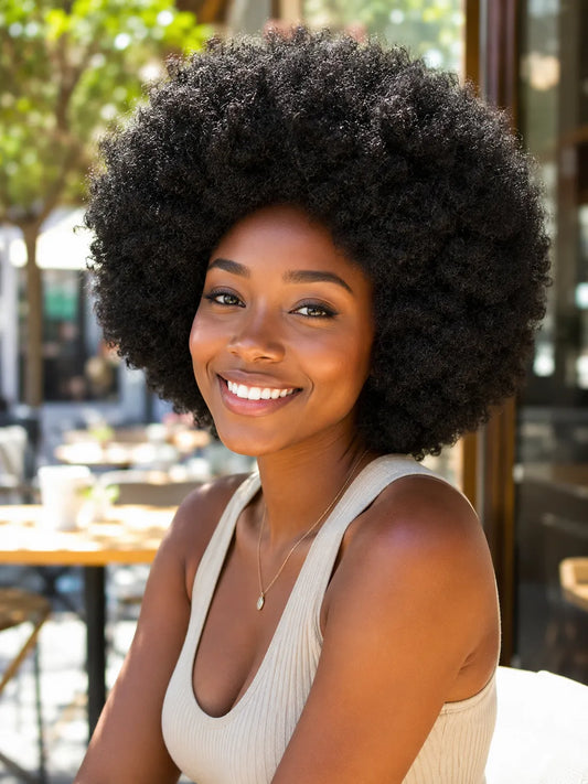 Front view of human hair wig on model with soft texture and natural finish