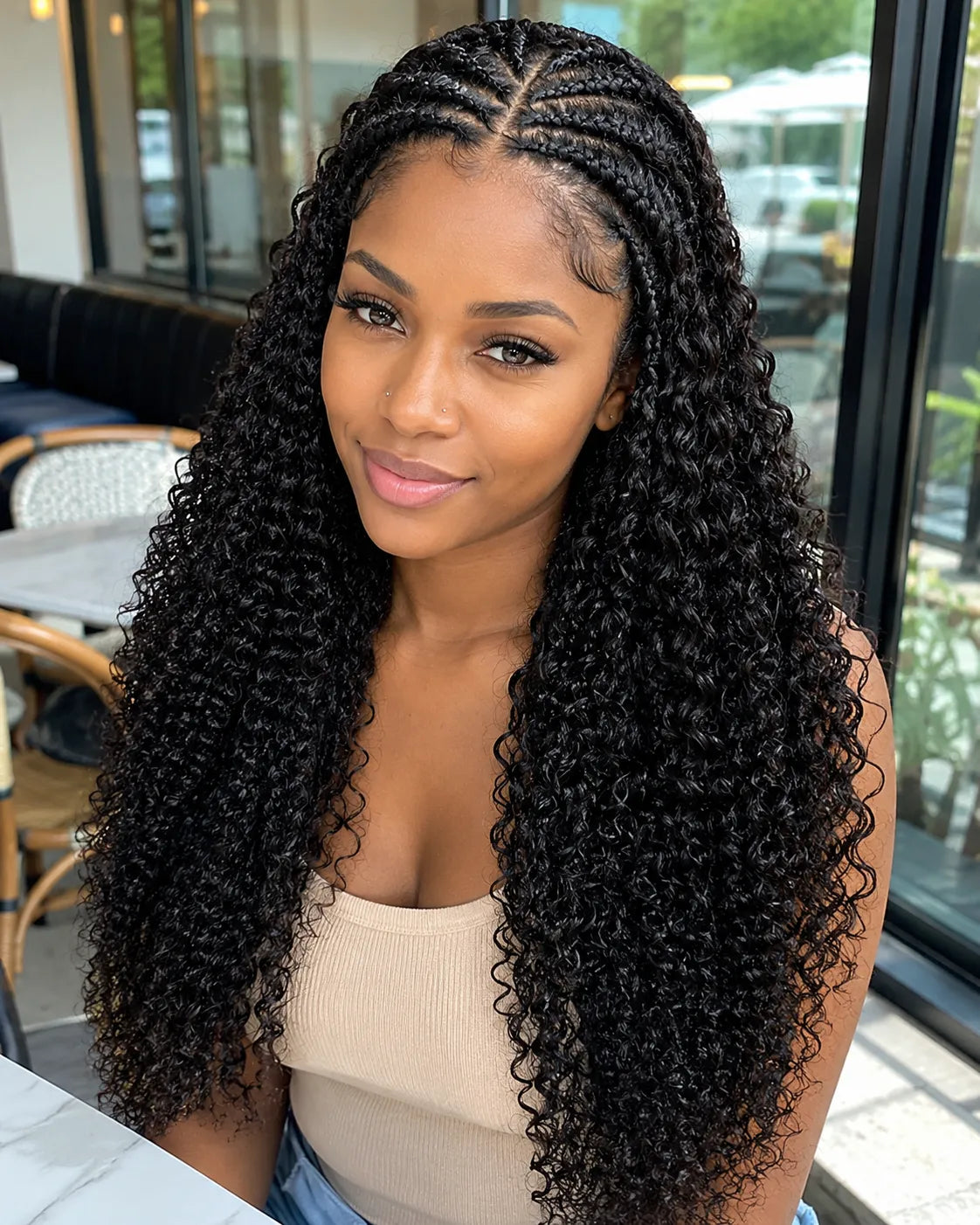 Side view of natural black curly lace wig showing natural hairline with soft texture and natural finish