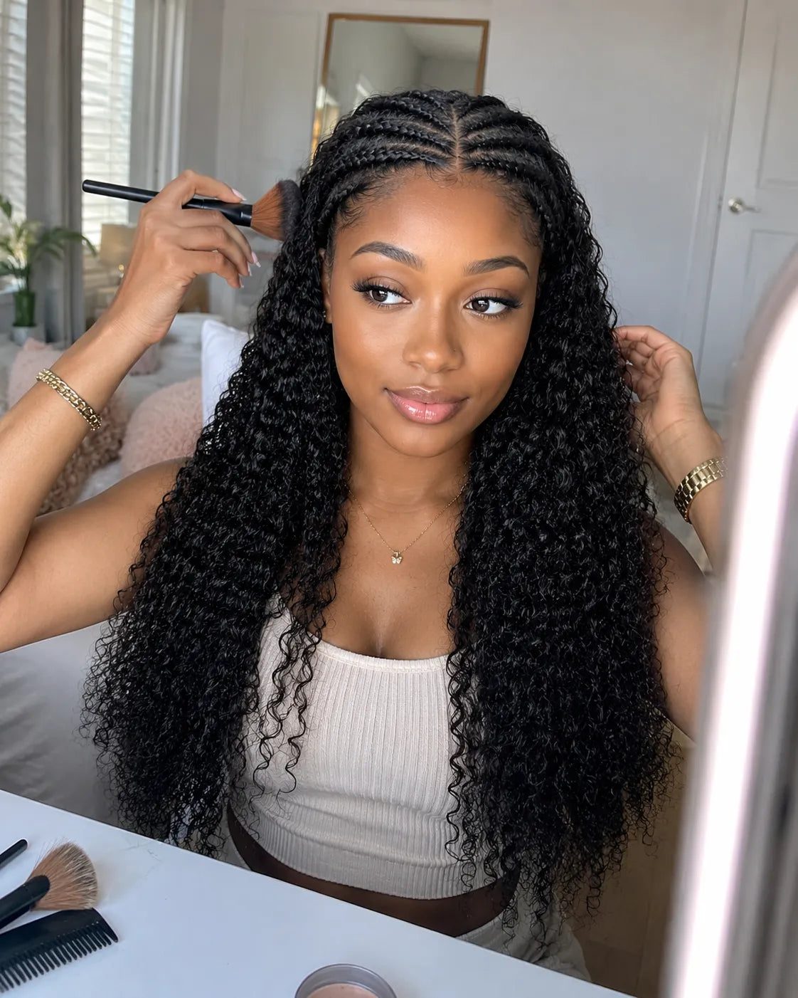 Back view of natural black curly human hair wig with natural volume with soft texture and natural finish