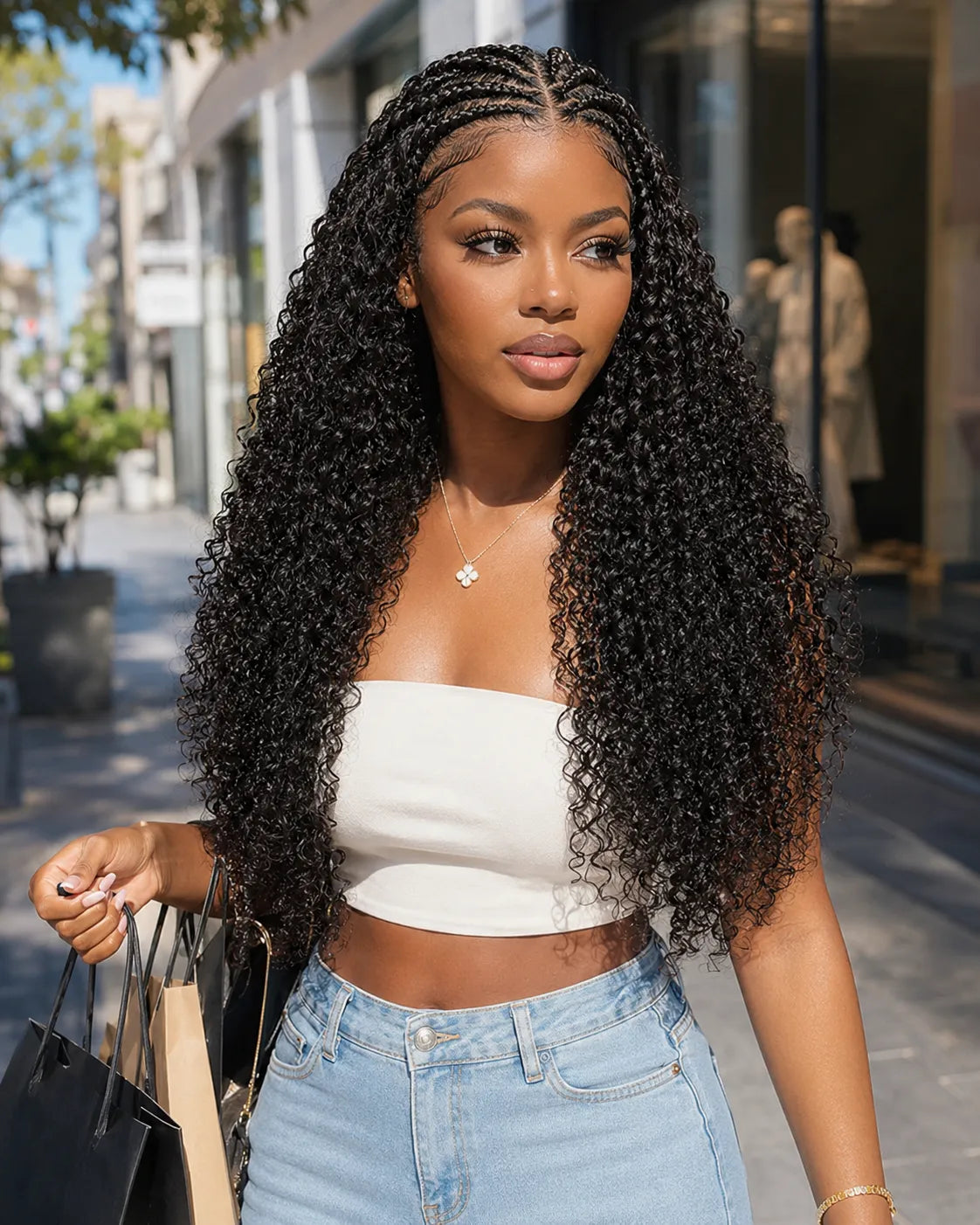 Woman with long, curly hair holding shopping bags on a city street.