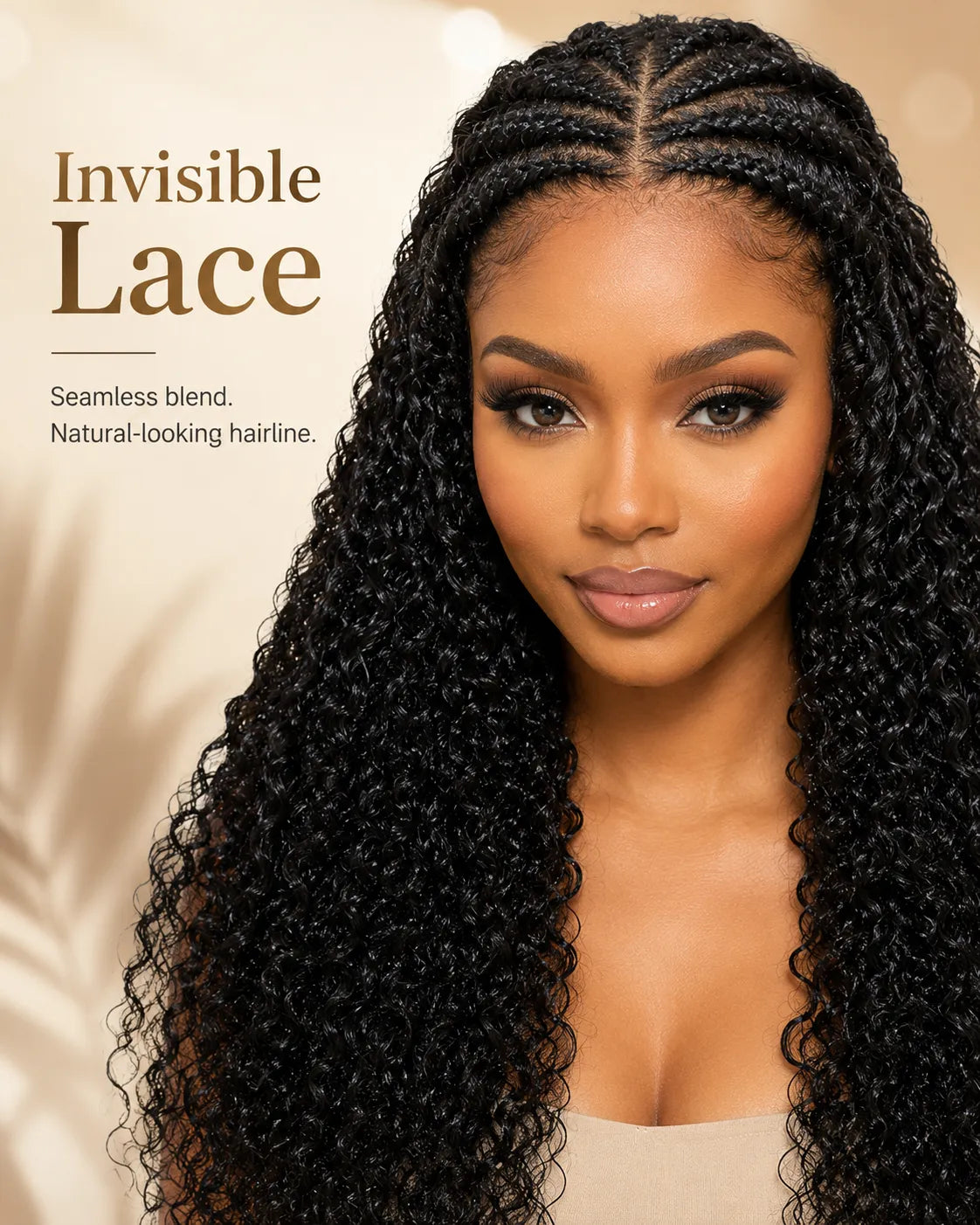 Lifestyle view of model wearing natural black curly glueless human hair wig