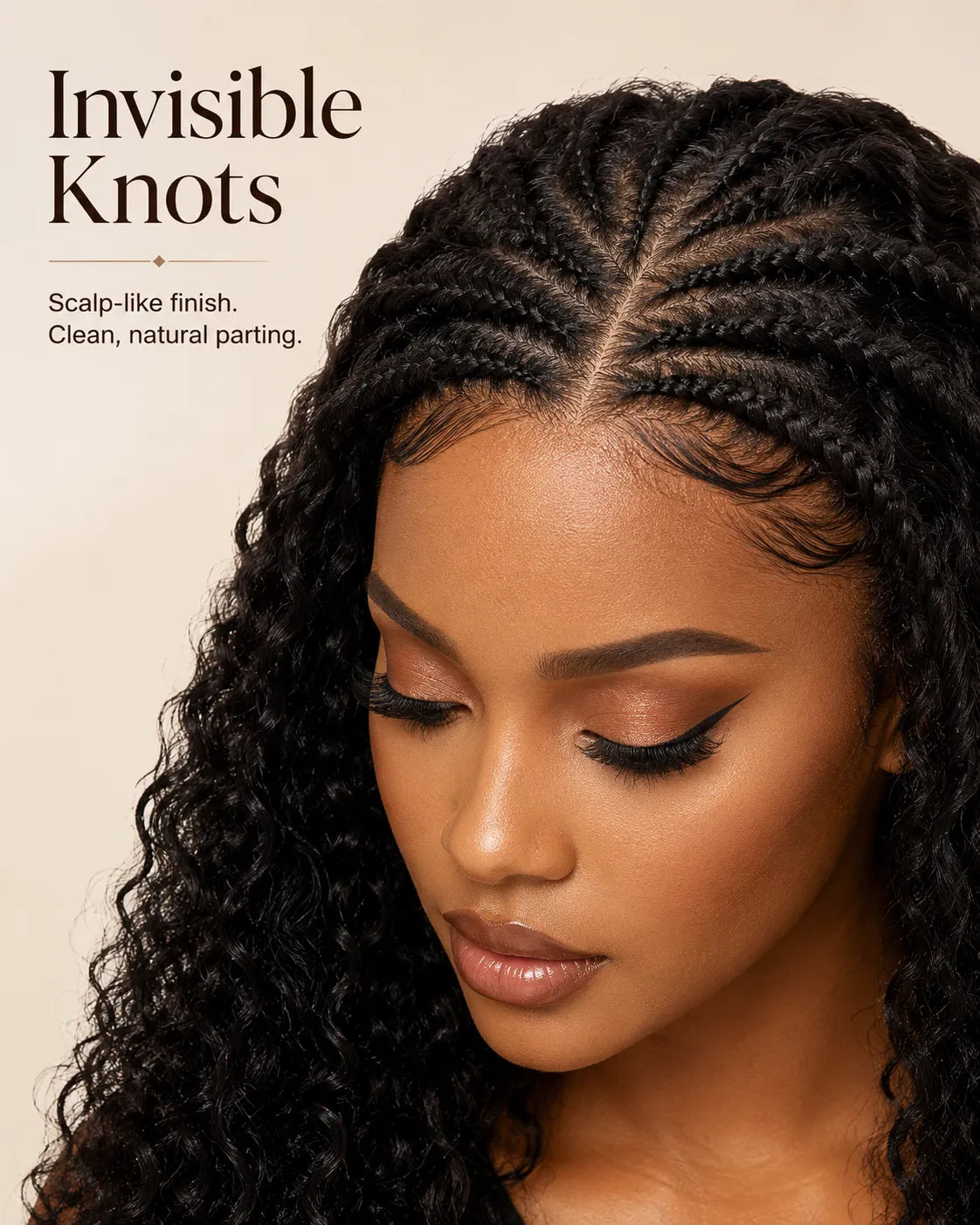 Close-up view of natural black curly human hair wig texture and lace detail