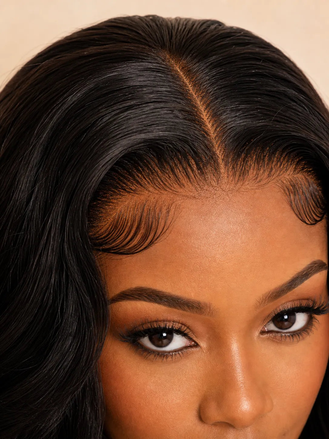 Side view of body wave lace wig showing natural hairline with soft texture and natural finish