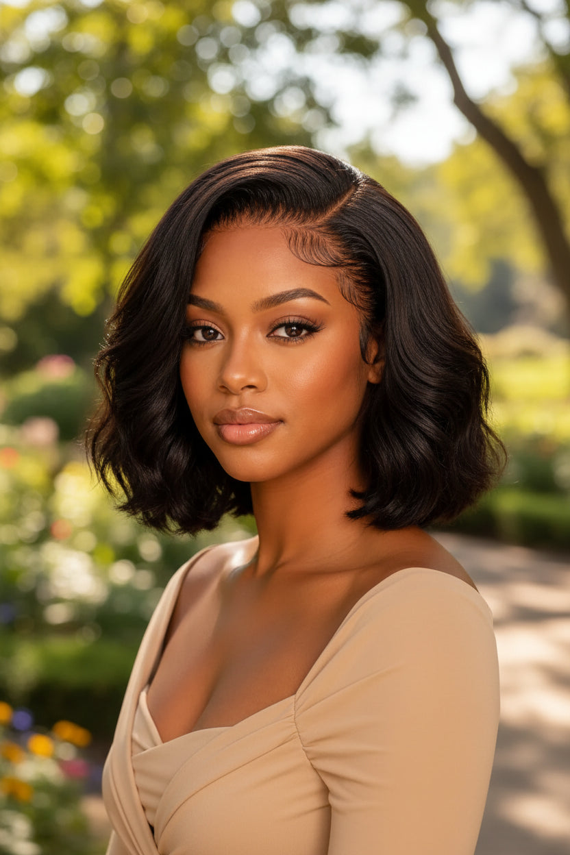 Woman with styled hair wearing a beige top against a beige background