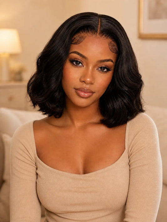 Side view of natural black body wave lace wig showing natural hairline