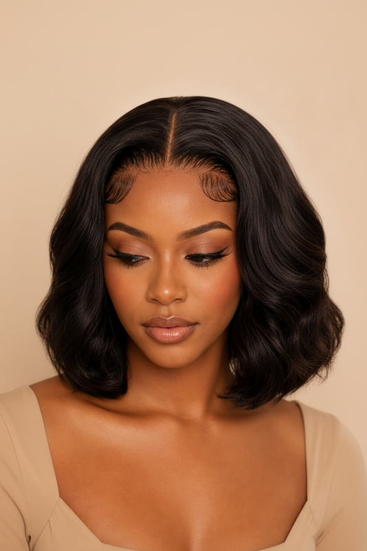 Woman with styled hair against a beige background