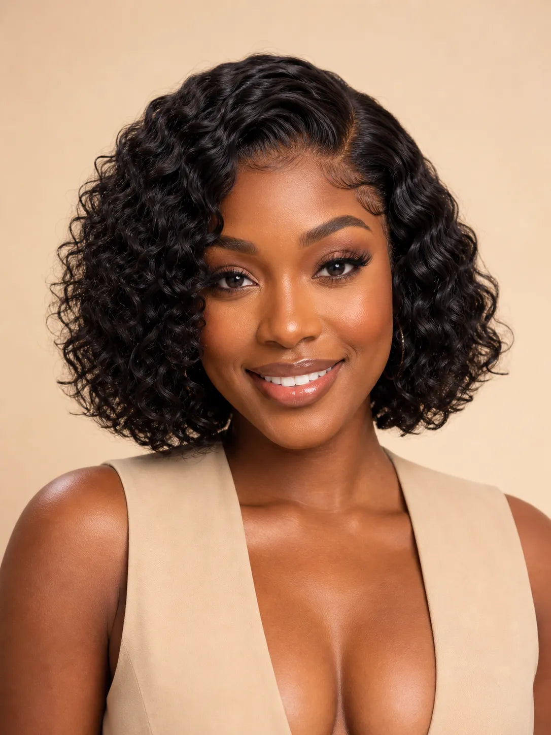 Product detail view of deep wave human hair wig with soft texture and natural finish