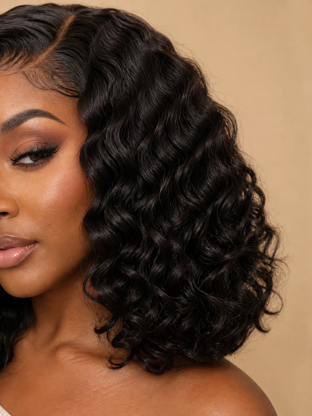 Detail view of realistic lace parting and natural hairline with soft texture and natural finish