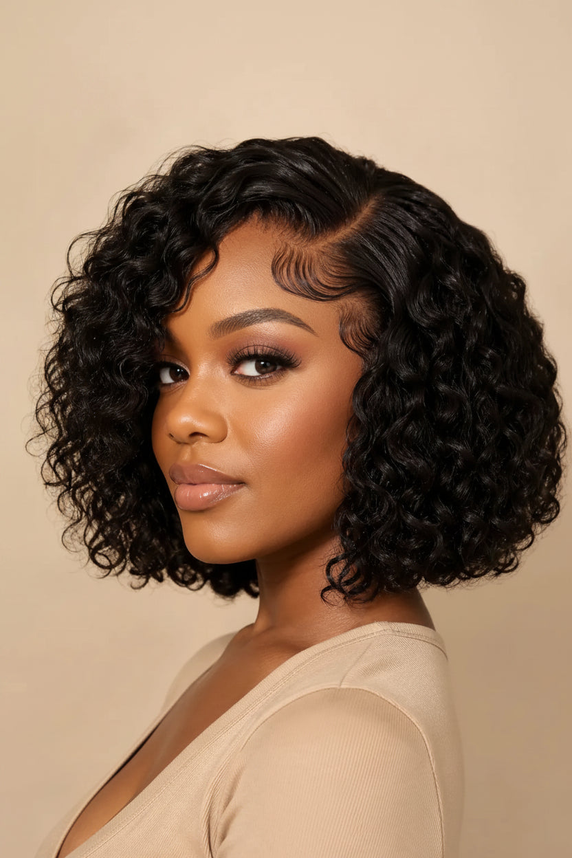 Woman with styled hair against a beige background