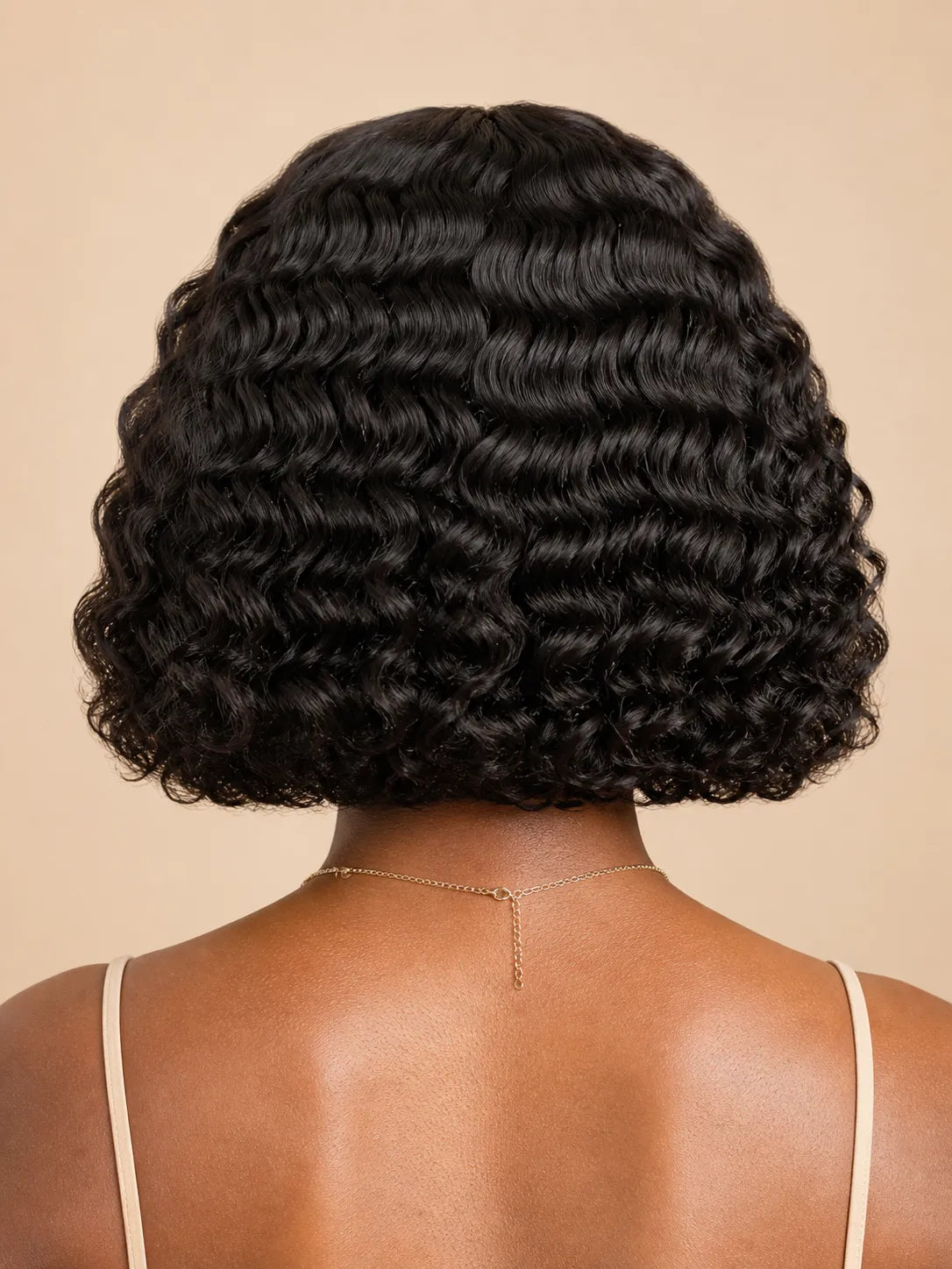 Back view of deep wave human hair wig with natural volume with soft texture and natural finish
