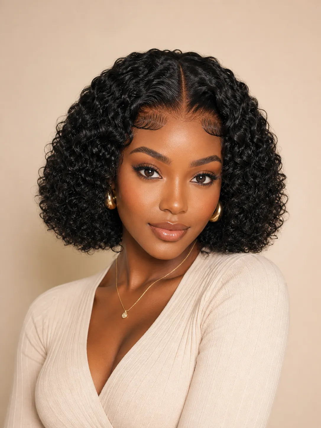 Side view of curly lace wig showing natural hairline with soft texture and natural finish