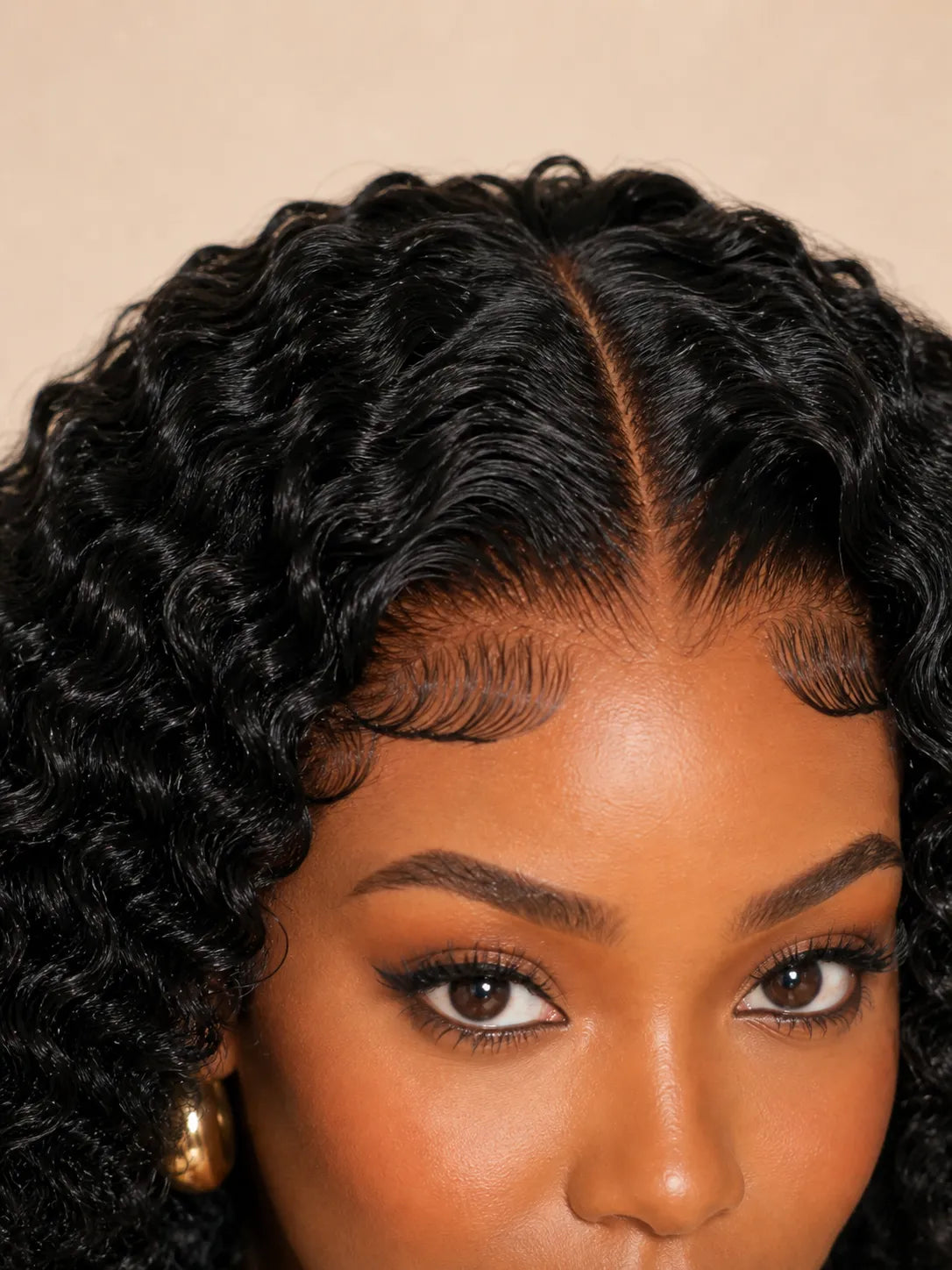 Back view of curly human hair wig with natural volume with soft texture and natural finish