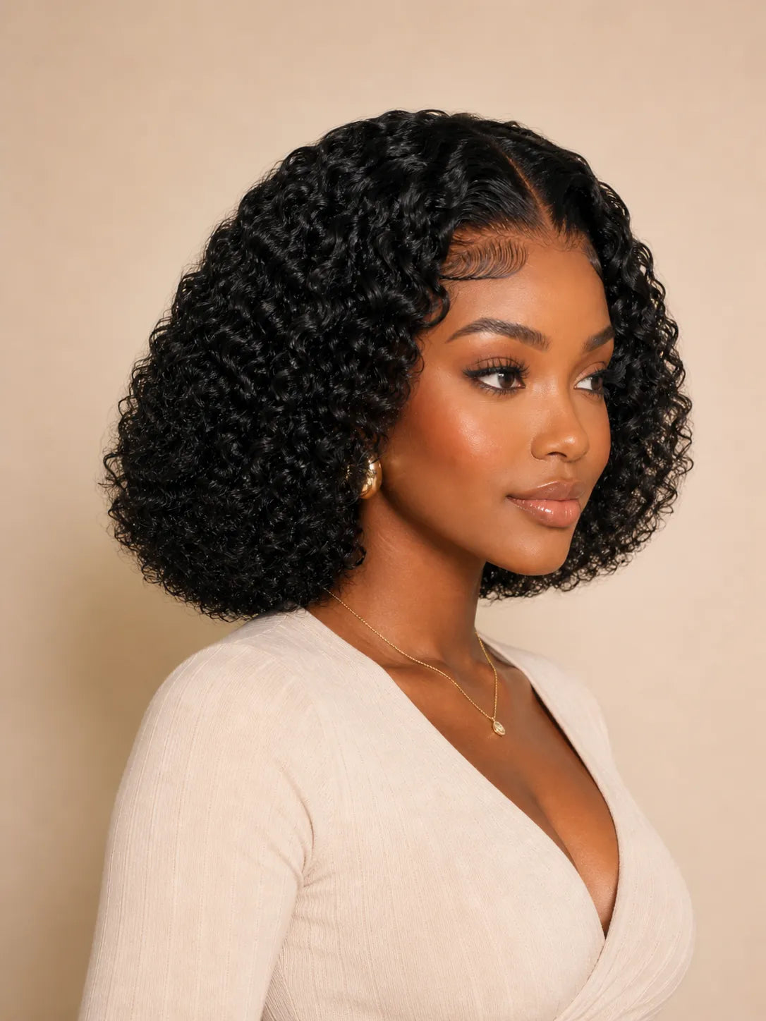 Lifestyle view of model wearing curly glueless human hair wig with soft texture and natural finish