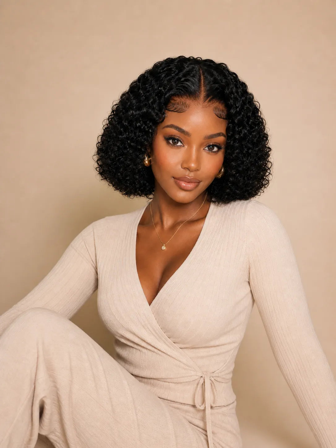 Detail view of lace front and natural hairline with soft texture and natural finish