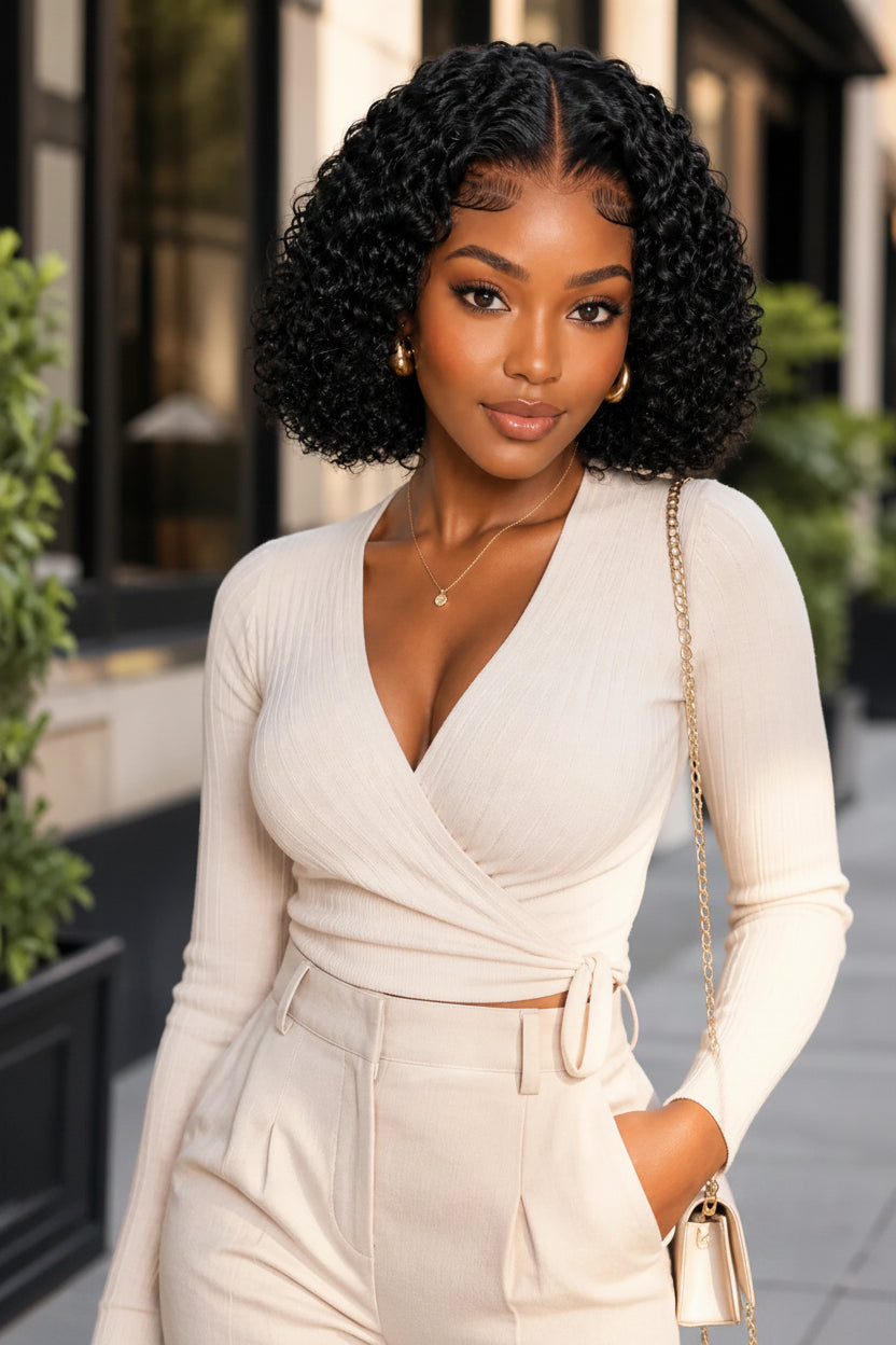Woman in a white outfit standing outdoors with a blurred background