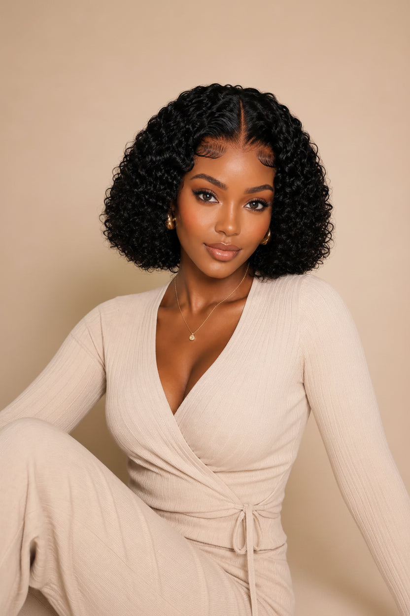 Front view of jerry curly human hair wig on model with soft texture and natural finish
