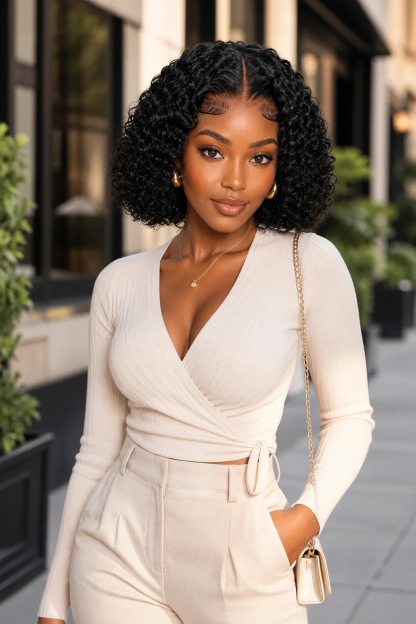 Woman in a white outfit standing outdoors with a blurred background