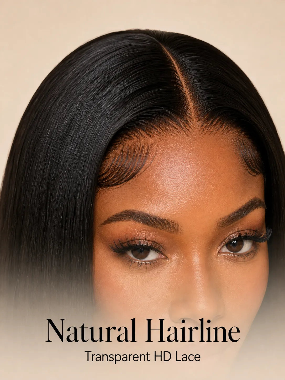 Lifestyle view of model wearing straight glueless human hair wig with soft texture and natural finish